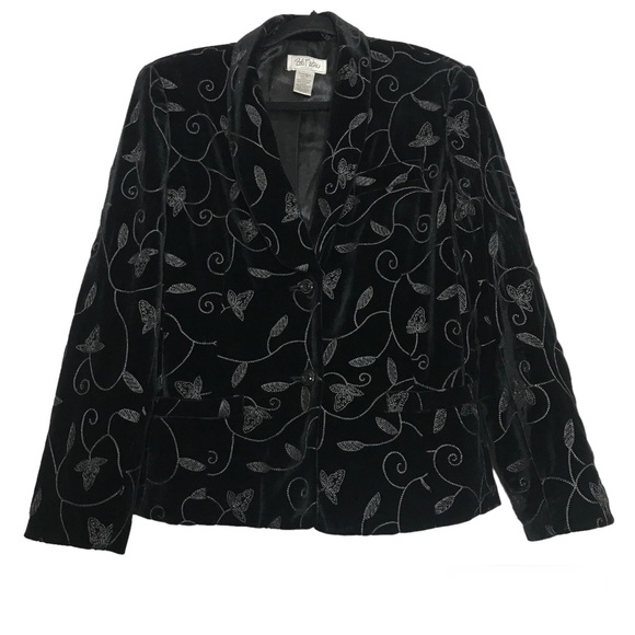 Bob Mackie Velvet Black Gray Floral Embroidered Blazer Jacket Womens Sz 14 - Picture 1 of 13